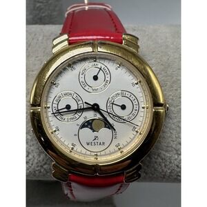 Westar Moon‎ Phase New Battery 18K Gold Plated Watch 33MM 7.5" Swiss Made W4